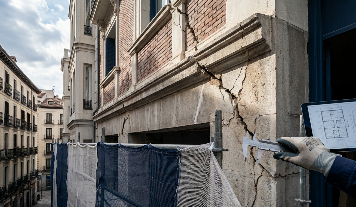 Grieta estructural diagonal en muro de carga de un edificio antiguo de Madrid - Reotec