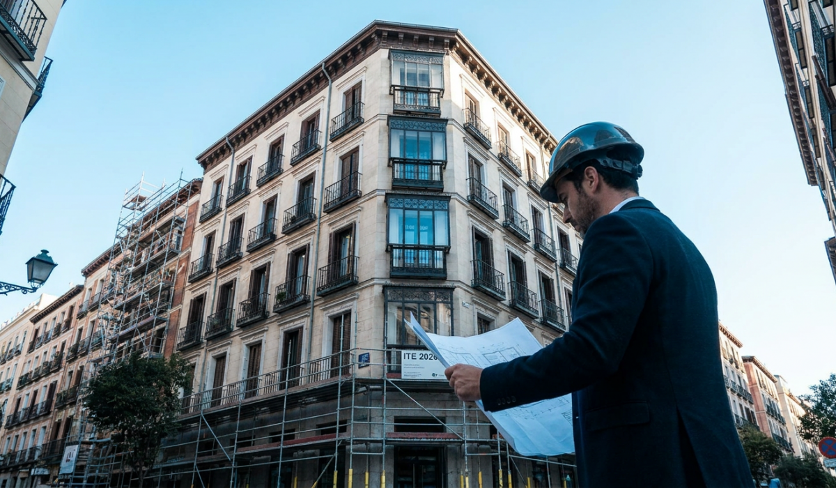 Tecnico realizando una Inspeccion Tecnica de Edificios (ITE) en un edificio antiguo de Madrid - Reotec