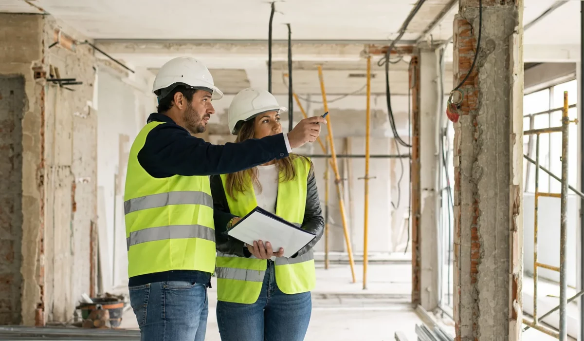 Aparejador y jefe de obra revisando una reforma integral en Madrid