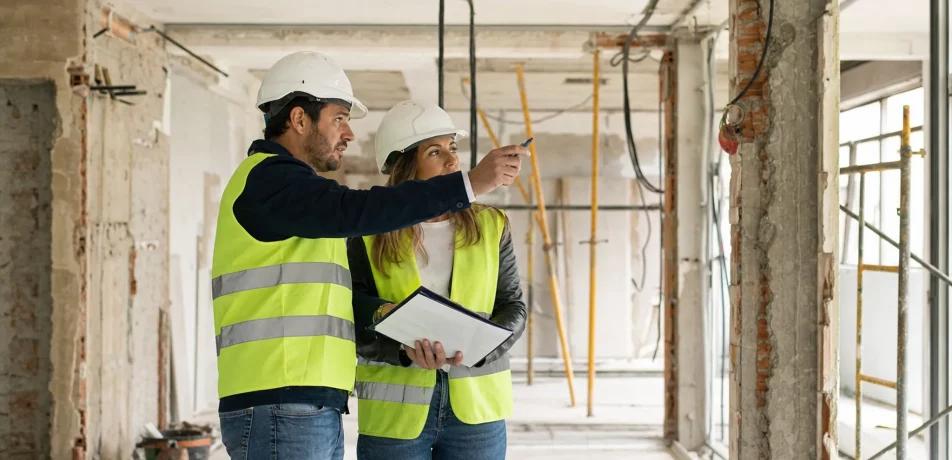 Aparejador y jefe de obra revisando una reforma integral en Madrid