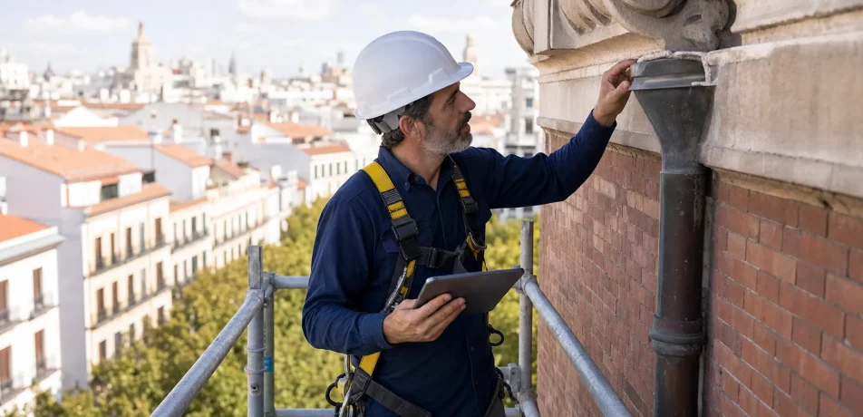 Tecnico de mantenimiento inspeccionando la fachada de un edificio de viviendas en Madrid