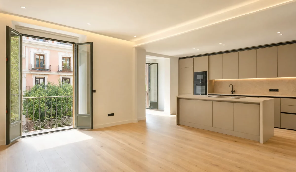 Salón de una vivienda reformada llave en mano en Madrid con acabados de obra terminada