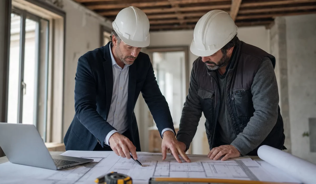 Arquitecto y jefe de obra revisando planos tecnicos en una obra de reforma en Madrid