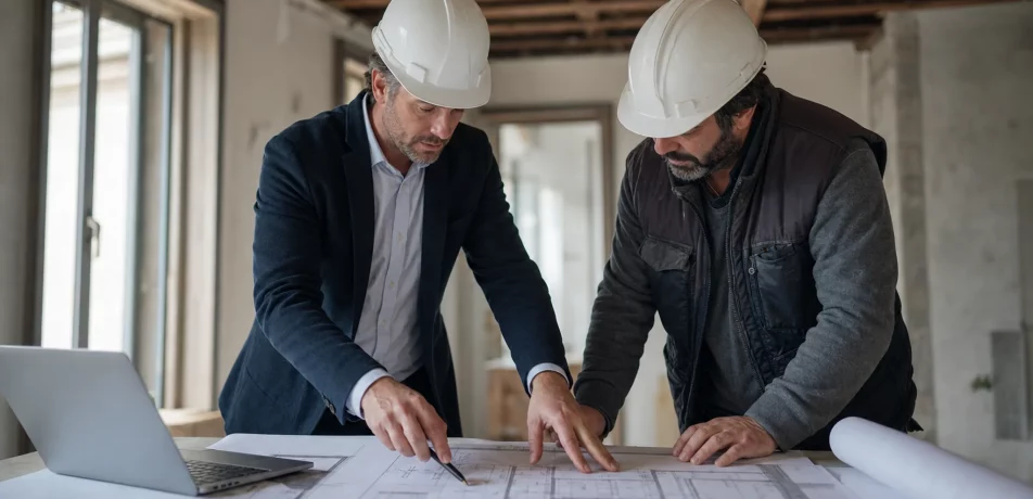 Arquitecto y jefe de obra revisando planos tecnicos en una obra de reforma en Madrid